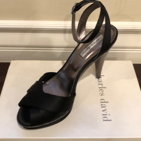 CHARLS DAVID BLACK SATIN PLATFORM SANDALS - Picture 1 of 8